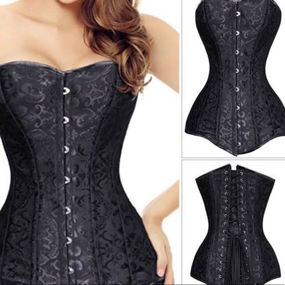 Black Damask lace up paneled corset